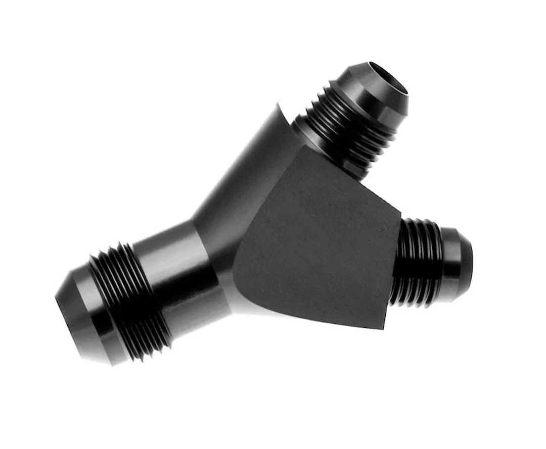 930-10-08-2 – REDHORSE Adapter Fitting, -10 AN Male To Dual -8 AN Male Anodized Black Aluminum Single